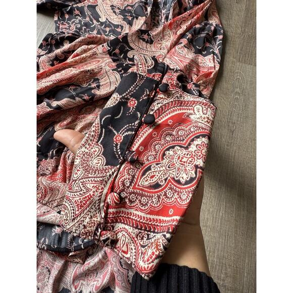 Free People Field Of Butterflies Tunic Top Women Medium Red Black Paisley V Neck - Picture 8 of 13